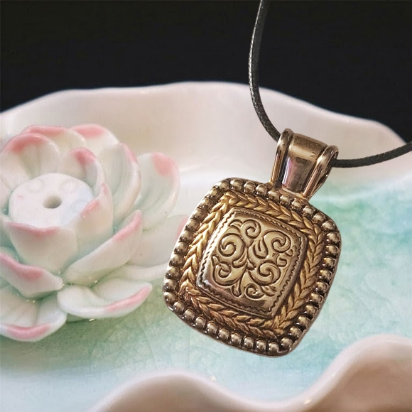 Gold and Silver Tones Pendant with Black Cord Necklace - Picture 1 of 5